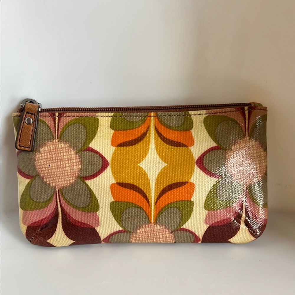 Fossil Cream and Green Cosmetic Bag Retro Floral Design